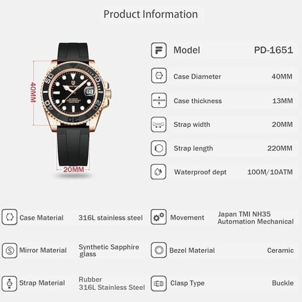 Montre Homme Pagani Design Montre Mécanique Automatique Mouvement NH35 Étanche 100M Verre Saphir Lunette Céramique Acier Inoxydable Montre de Plongée PD-1651 Yacht Master – Image 6