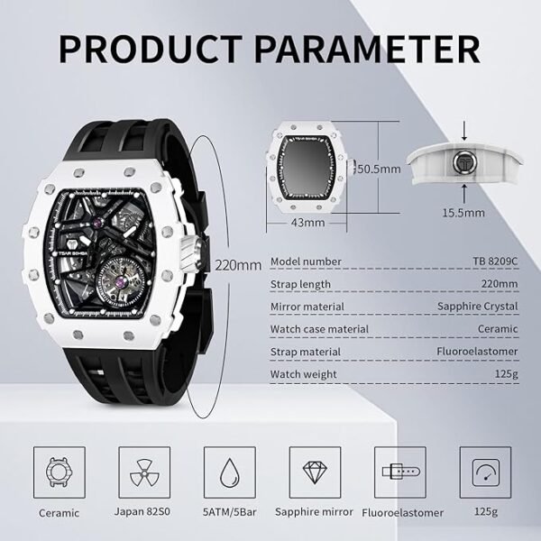 TSAR BOMBA Montre Automatique pour Hommes Montre mécanique Squelette de Luxe pour Hommes Sport Analogique étanche 50M Luminous Acier Inoxydable Fashionable Tonneau Big Face Montres – Image 4