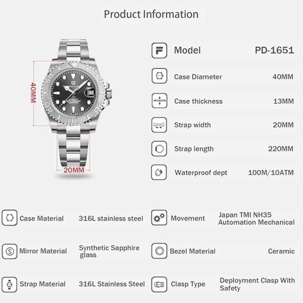 Montre Homme Pagani Design Montre Mécanique Automatique Mouvement NH35 Étanche 100M Verre Saphir Lunette Céramique Acier Inoxydable Montre de Plongée PD-1651 Yacht Master – Image 6