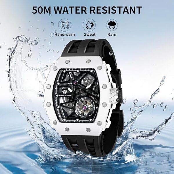 TSAR BOMBA Montre Automatique pour Hommes Montre mécanique Squelette de Luxe pour Hommes Sport Analogique étanche 50M Luminous Acier Inoxydable Fashionable Tonneau Big Face Montres – Image 2