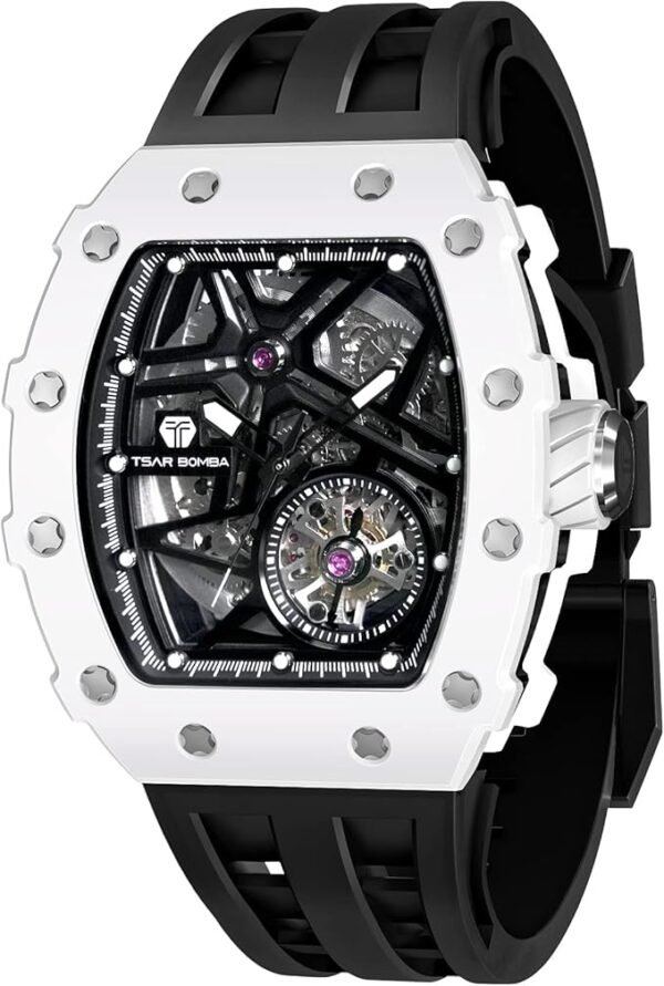 TSAR BOMBA Montre Automatique pour Hommes Montre mécanique Squelette de Luxe pour Hommes Sport Analogique étanche 50M Luminous Acier Inoxydable Fashionable Tonneau Big Face Montres