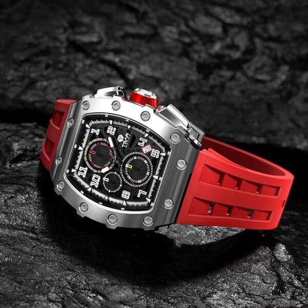 TSAR BOMBA Montre Homme Montre-Bracelet de Luxe Tonneau Analogique 5Bar Waterproof Verre Saphir Mouvement à Quartz Japonais Bracelet en Silicone Chronographe A-Level Luminous Fashion Watches Business – Image 6